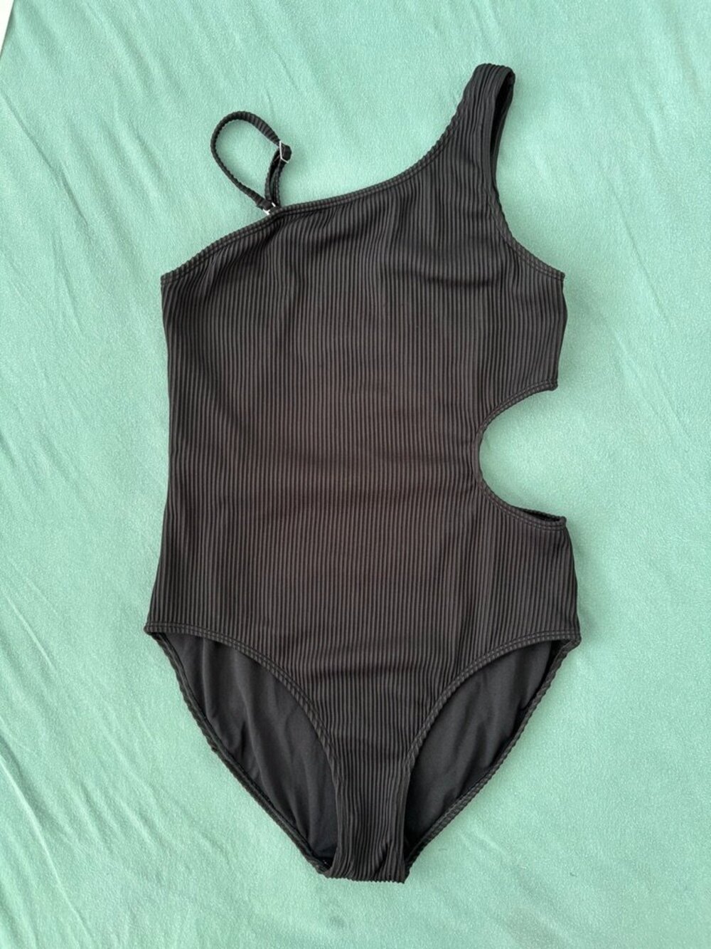 Abercrombie Kids Asymmetrical Cutout One Piece Swimsuit Black Ribbed Womens XS